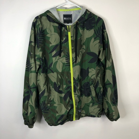Matix Palm camouflage polyester zip hooded windbreaker jacket green S - Picture 1 of 10